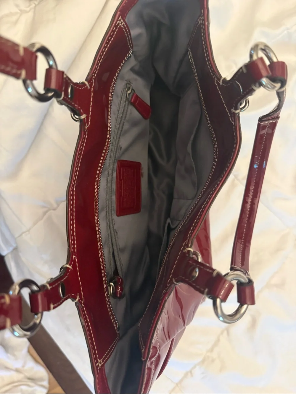 Glossy Patent Shoulder Tote Bag in Burgundy - Picture 3 of 3